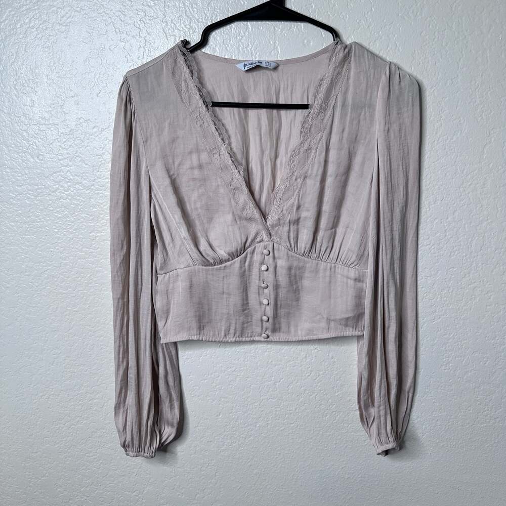 Cream Satin and Lace Button-Front Long Puff Sleeve Crop Top - S/M